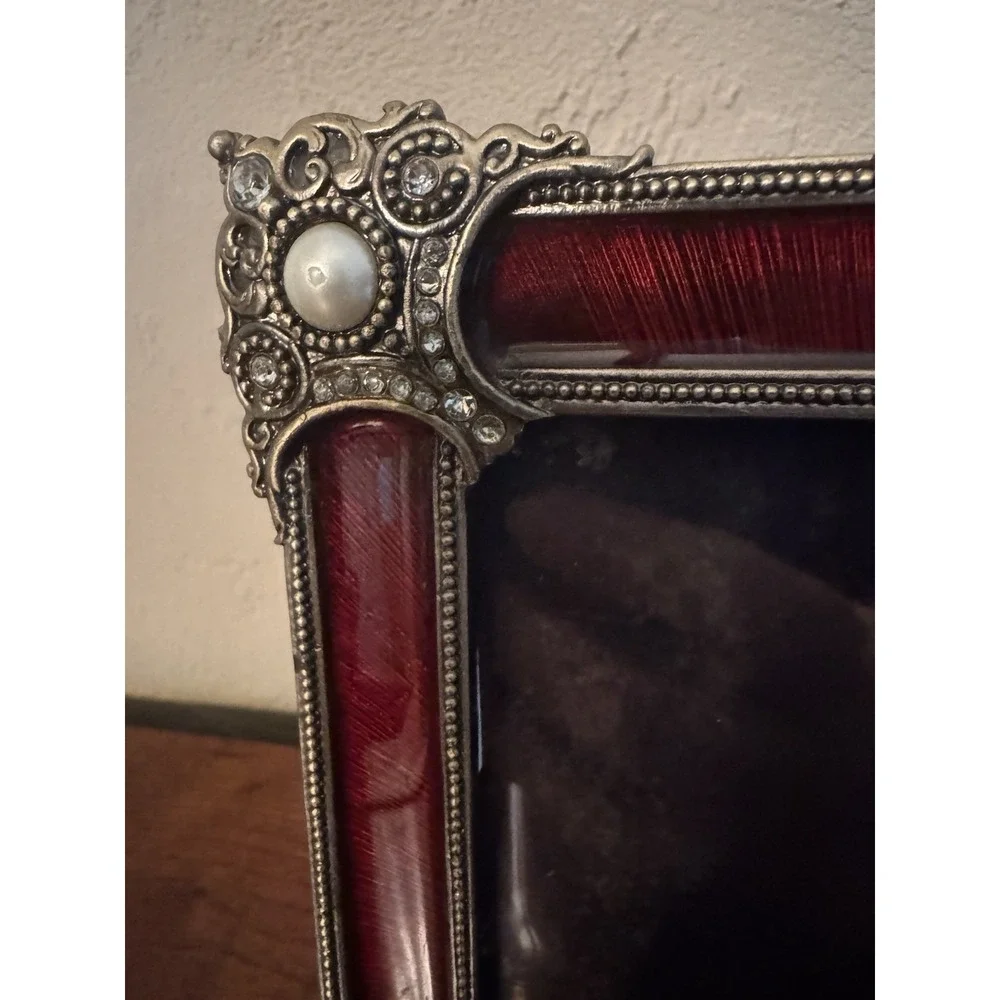 Vintage Bombay Company Red Enamel Rhinestone Pearl Ornate Picture Frame 4x6